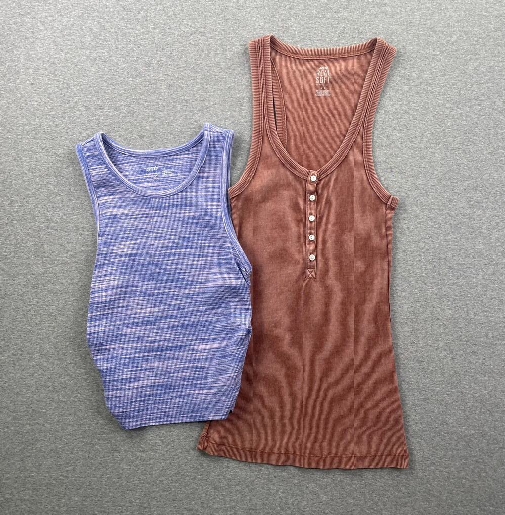 Aerie Tank Top Womens S Purple Orange Ribbed Knit Cotton Henley Ruched Lot of 2